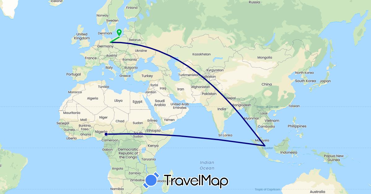 TravelMap itinerary: driving, bus in Germany, Nigeria, Poland, Singapore (Africa, Asia, Europe)